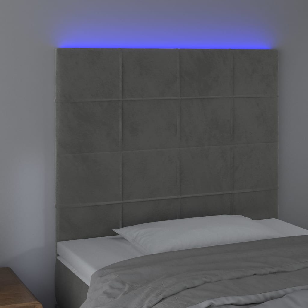 Sänggavel LED ljusgrå 80x5x118/128 cm sammet