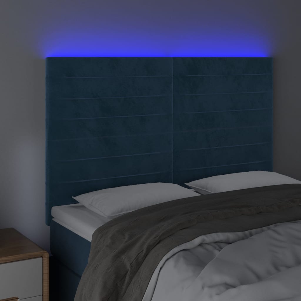 Sänggavel LED mörkblå 144x5x118/128 cm sammet