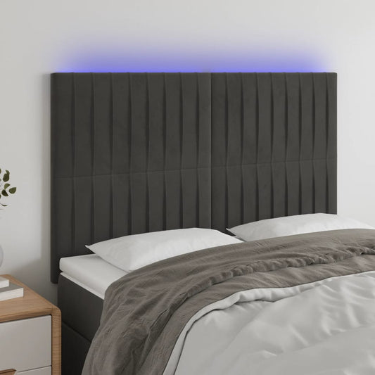 Sänggavel LED mörkgrå 144x5x118/128 cm sammet