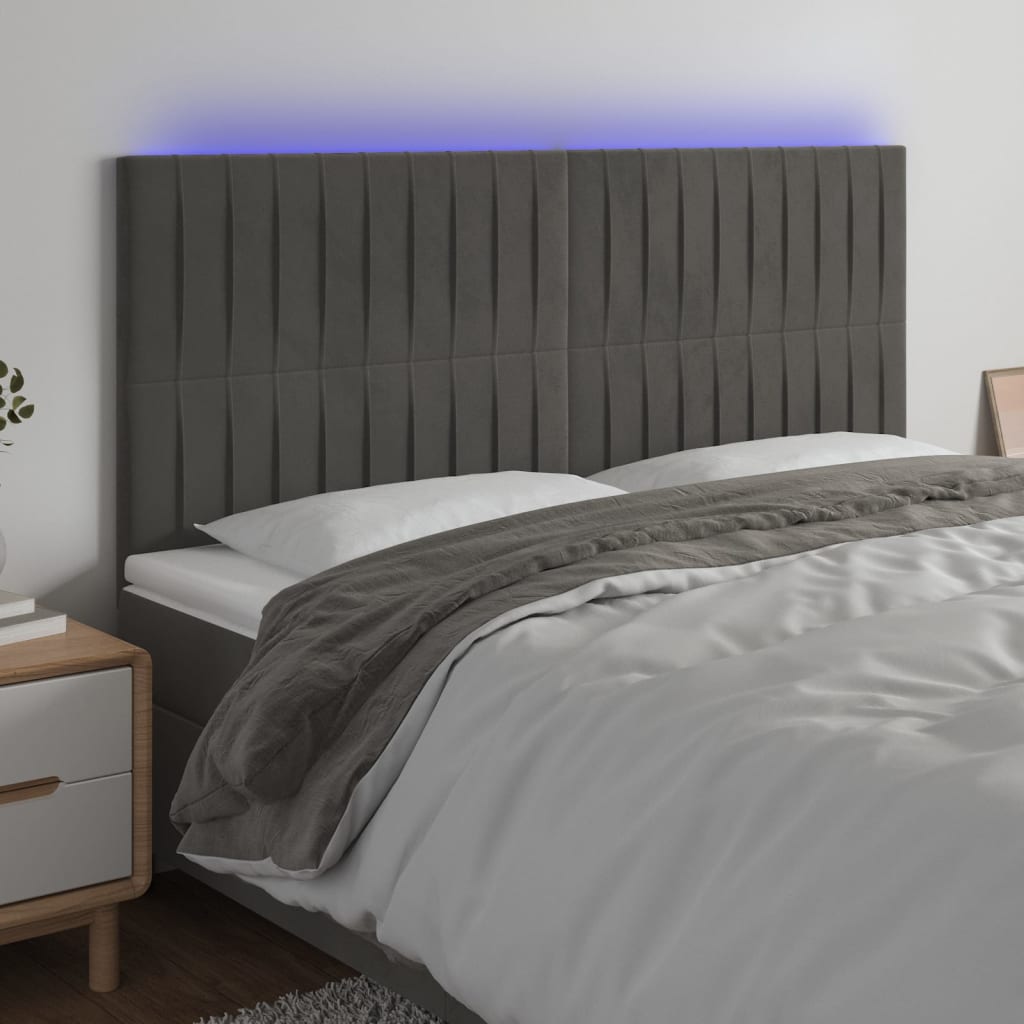 Sänggavel LED mörkgrå 200x5x118/128 cm sammet