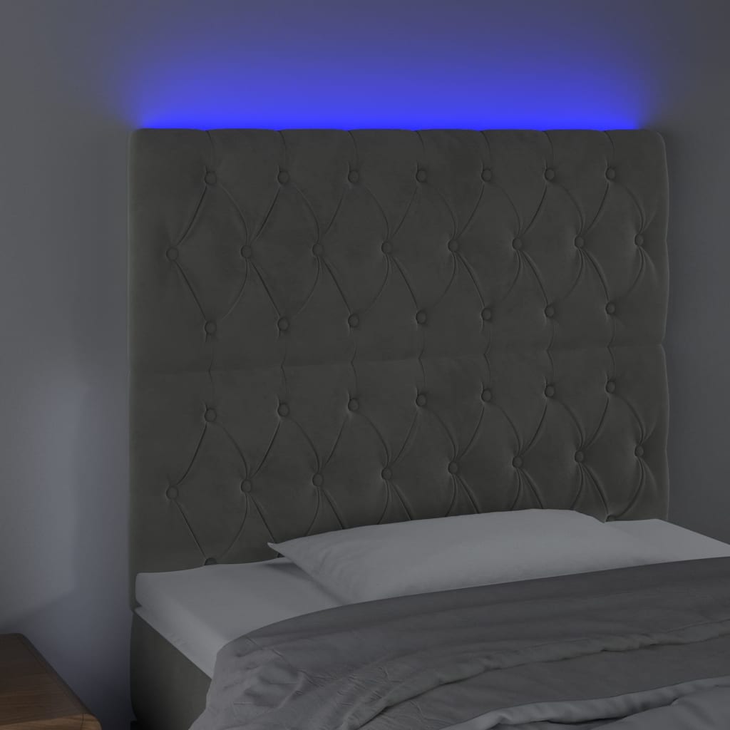 Sänggavel LED ljusgrå 90x7x118/128 cm sammet