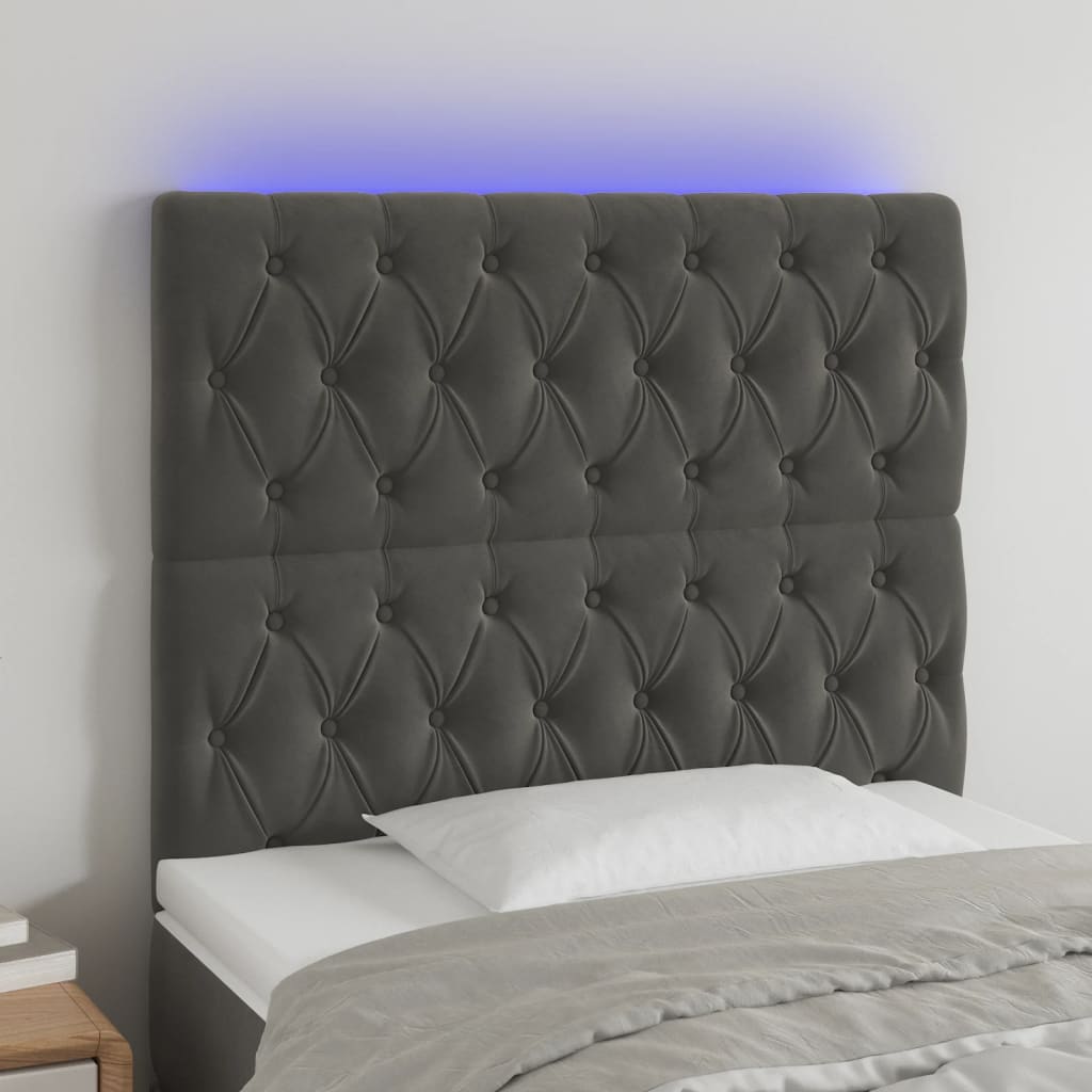 Sänggavel LED mörkgrå 100x7x118/128 cm sammet