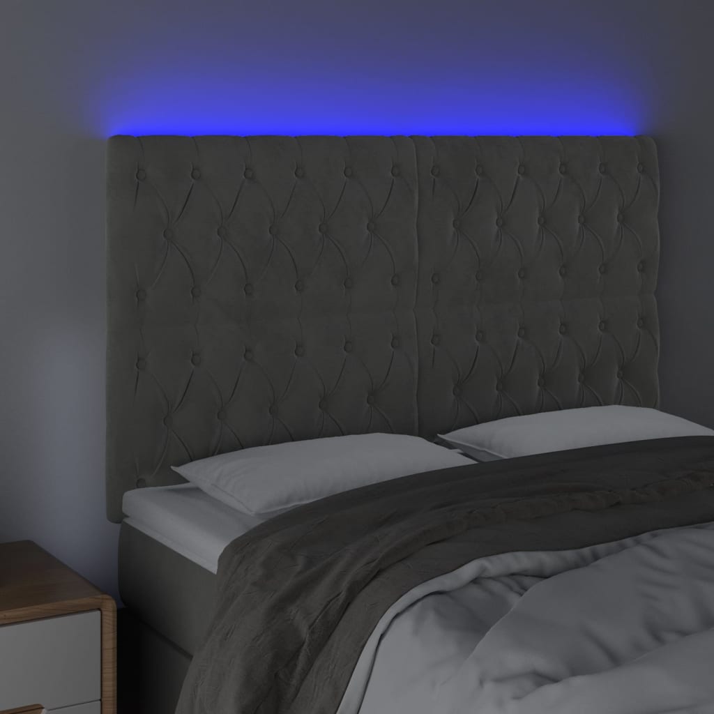 Sänggavel LED ljusgrå 160x7x118/128 cm sammet