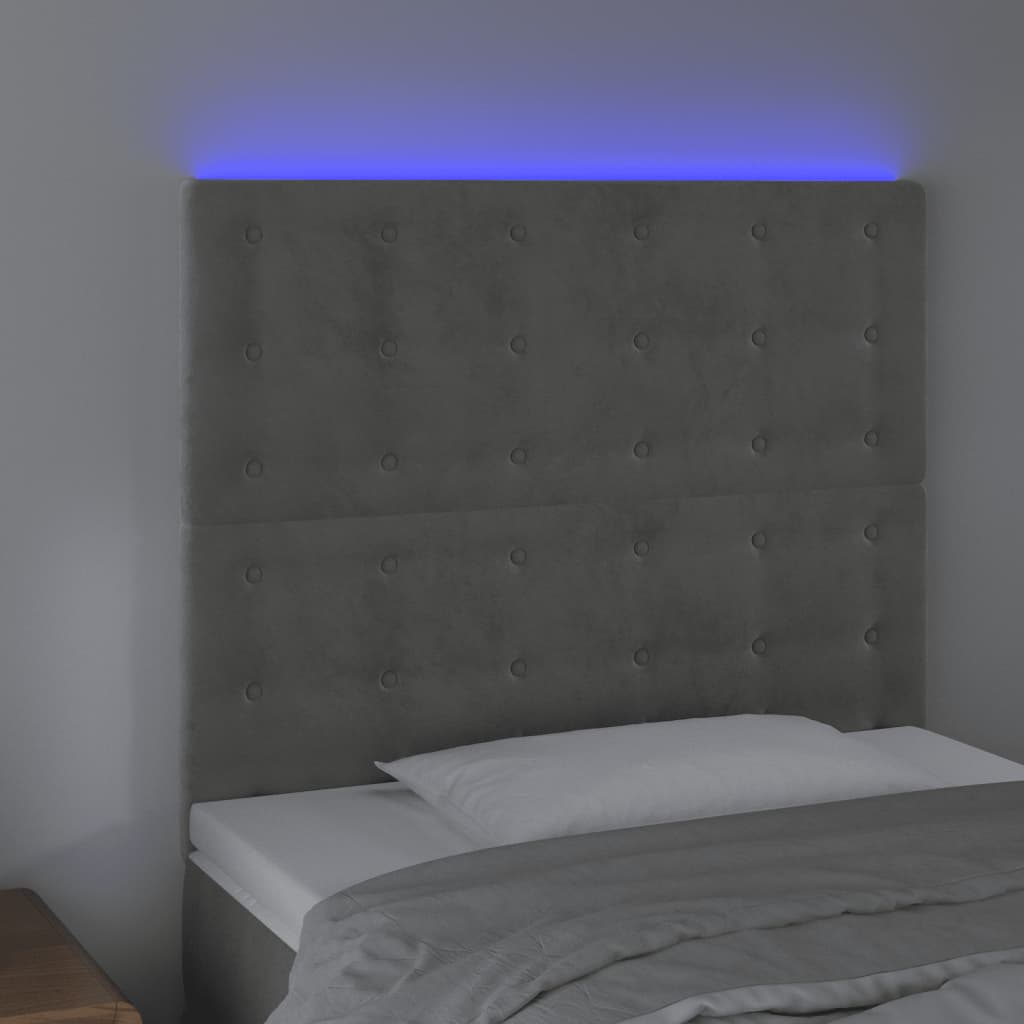 Sänggavel LED ljusgrå 100x5x118/128 cm sammet