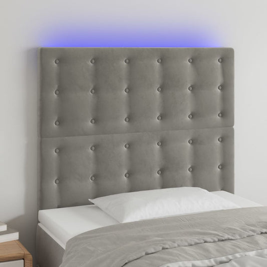 Sänggavel LED ljusgrå 100x5x118/128 cm sammet