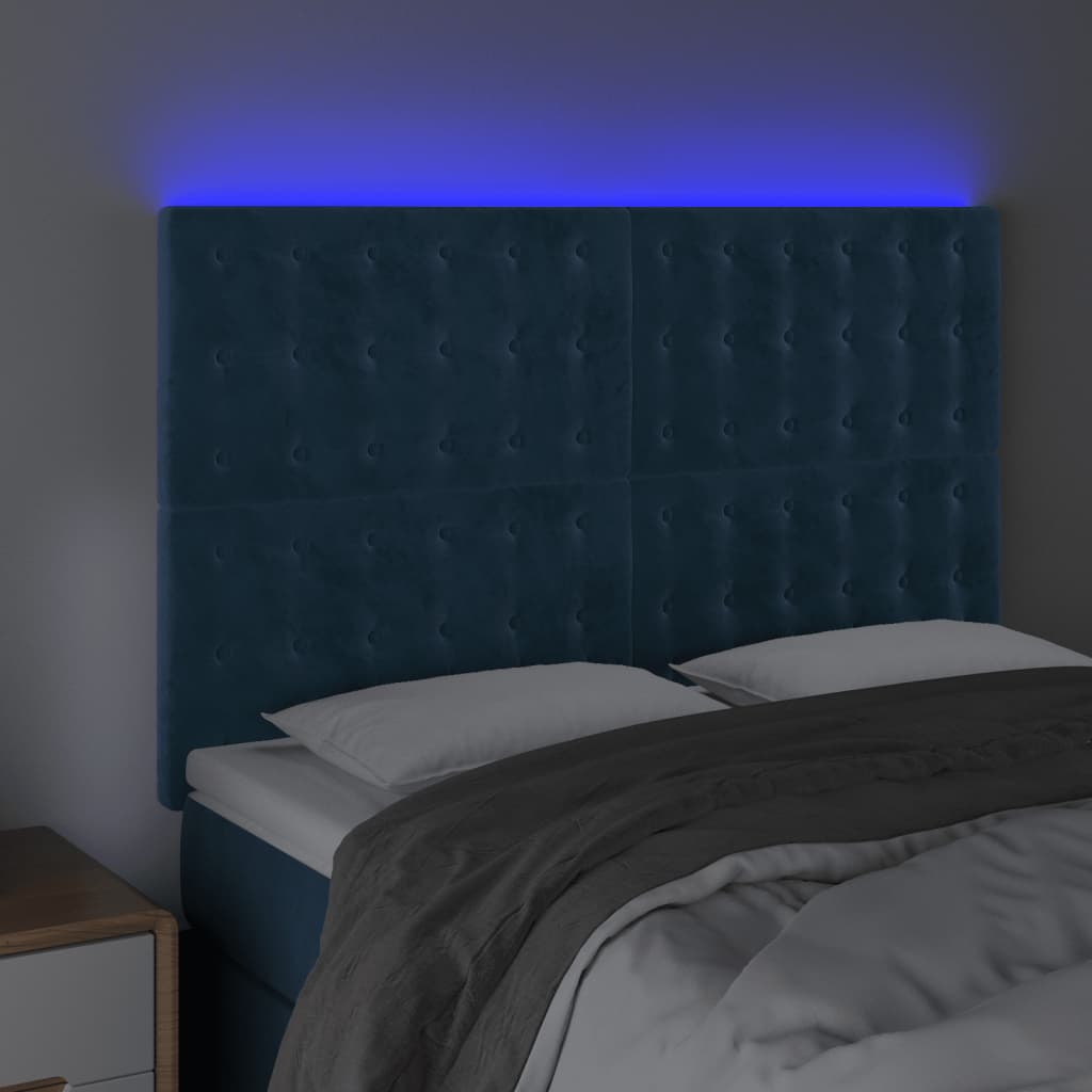 Sänggavel LED mörkblå 144x5x118/128 cm sammet