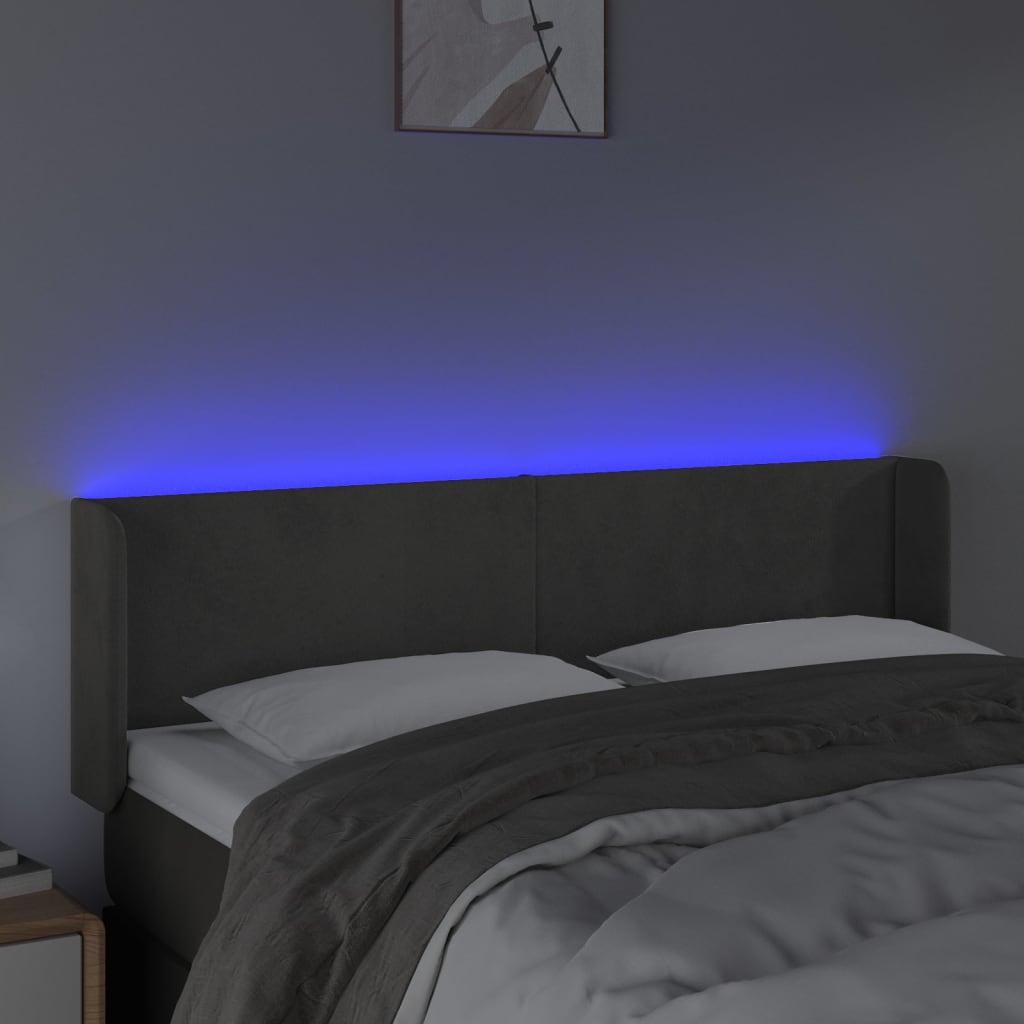 Sänggavel LED mörkgrå 147x16x78/88 cm sammet