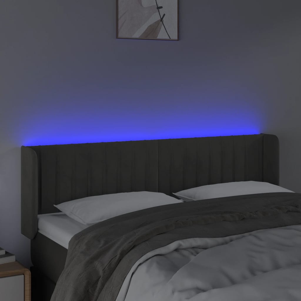 Sänggavel LED mörkgrå 147x16x78/88 cm sammet