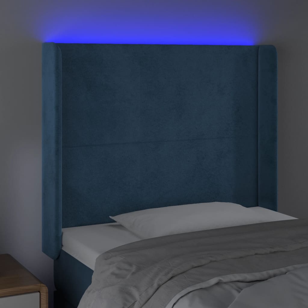 Sänggavel LED mörkblå 83x16x118/128 cm sammet