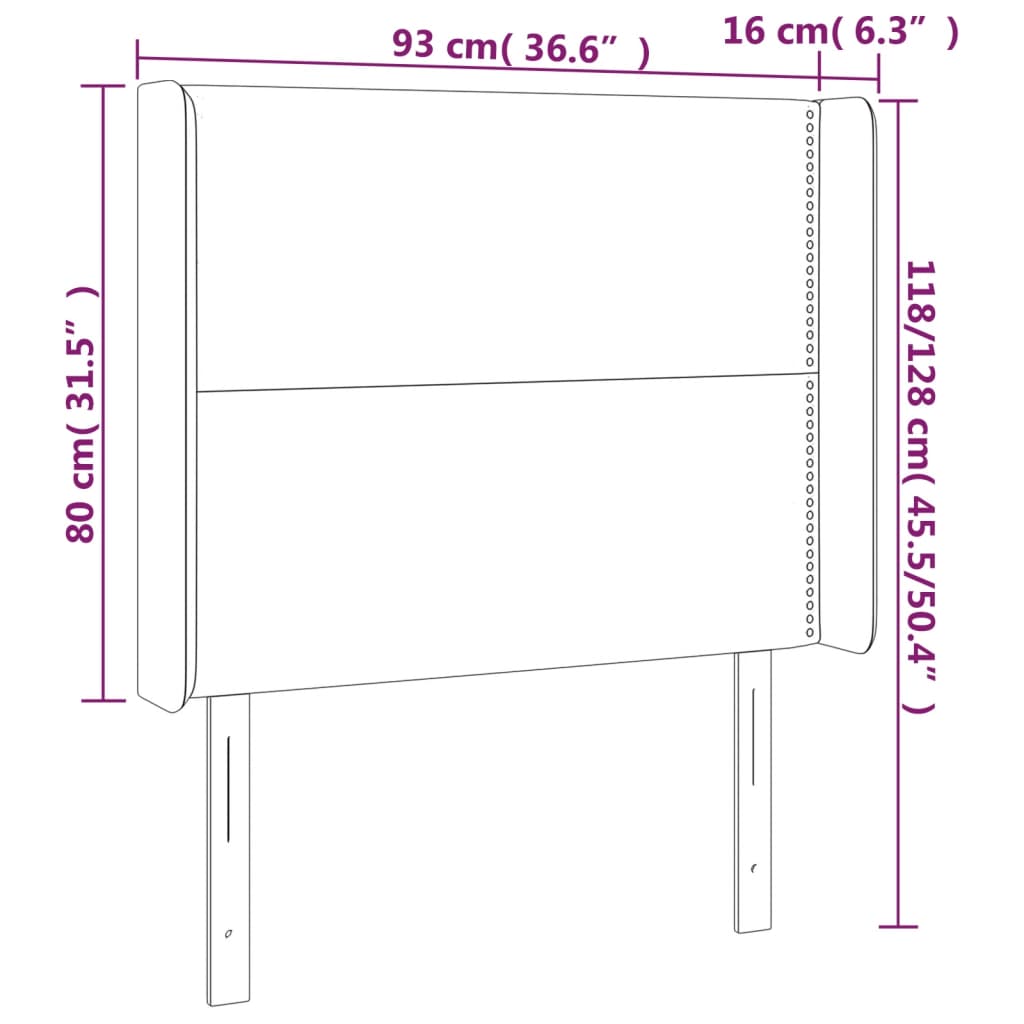 Sänggavel LED ljusgrå 93x16x118/128 cm sammet