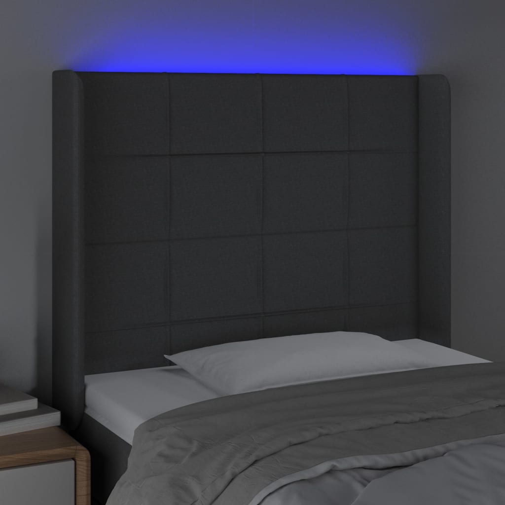 Sänggavel LED mörkgrå 103x16x118/128 cm tyg