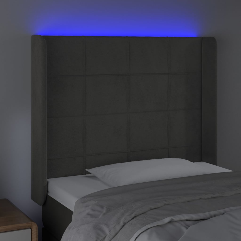 Sänggavel LED mörkgrå 83x16x118/128 cm sammet