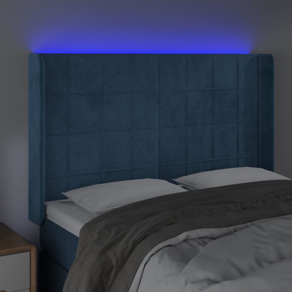 Sänggavel LED blå 147x16x118/128 cm sammet