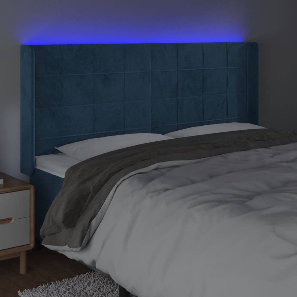 Sänggavel LED blå 163x16x118/128 cm sammet