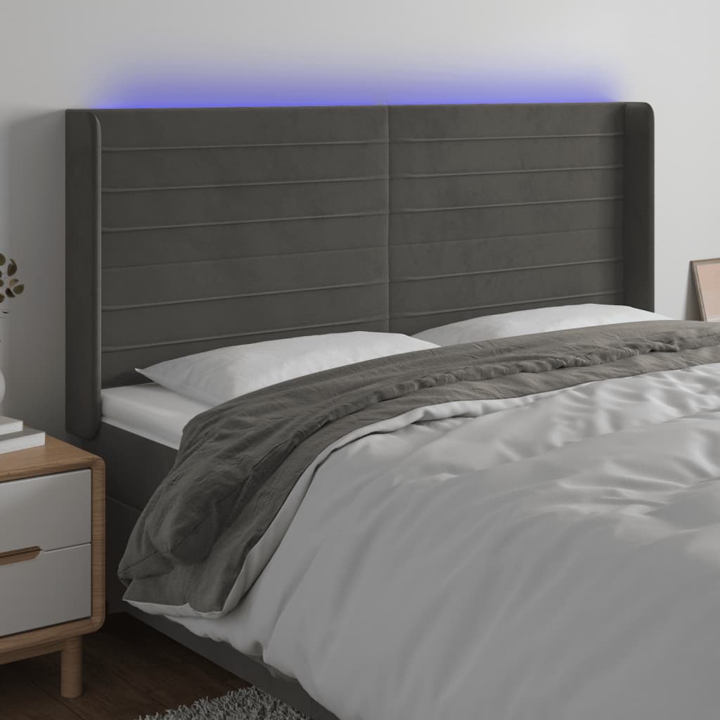 Sänggavel LED mörkgrå 163x16x118/128 cm sammet