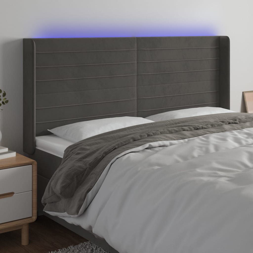 Sänggavel LED mörkgrå 183x16x118/128 cm sammet