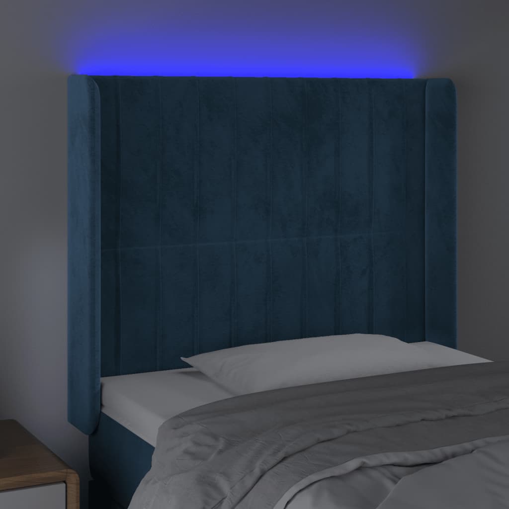 Sänggavel LED mörkblå 83x16x118/128 cm sammet