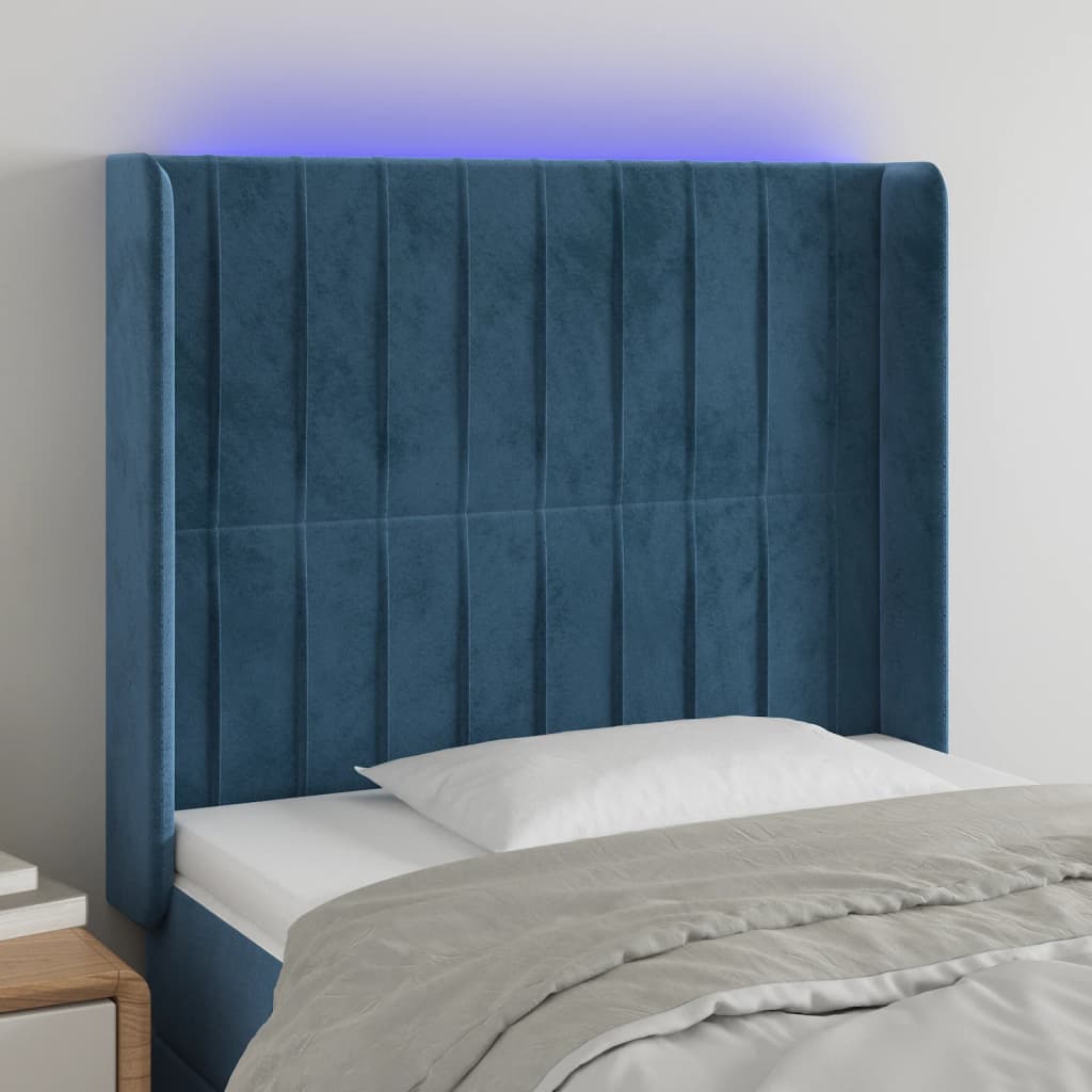 Sänggavel LED mörkblå 83x16x118/128 cm sammet