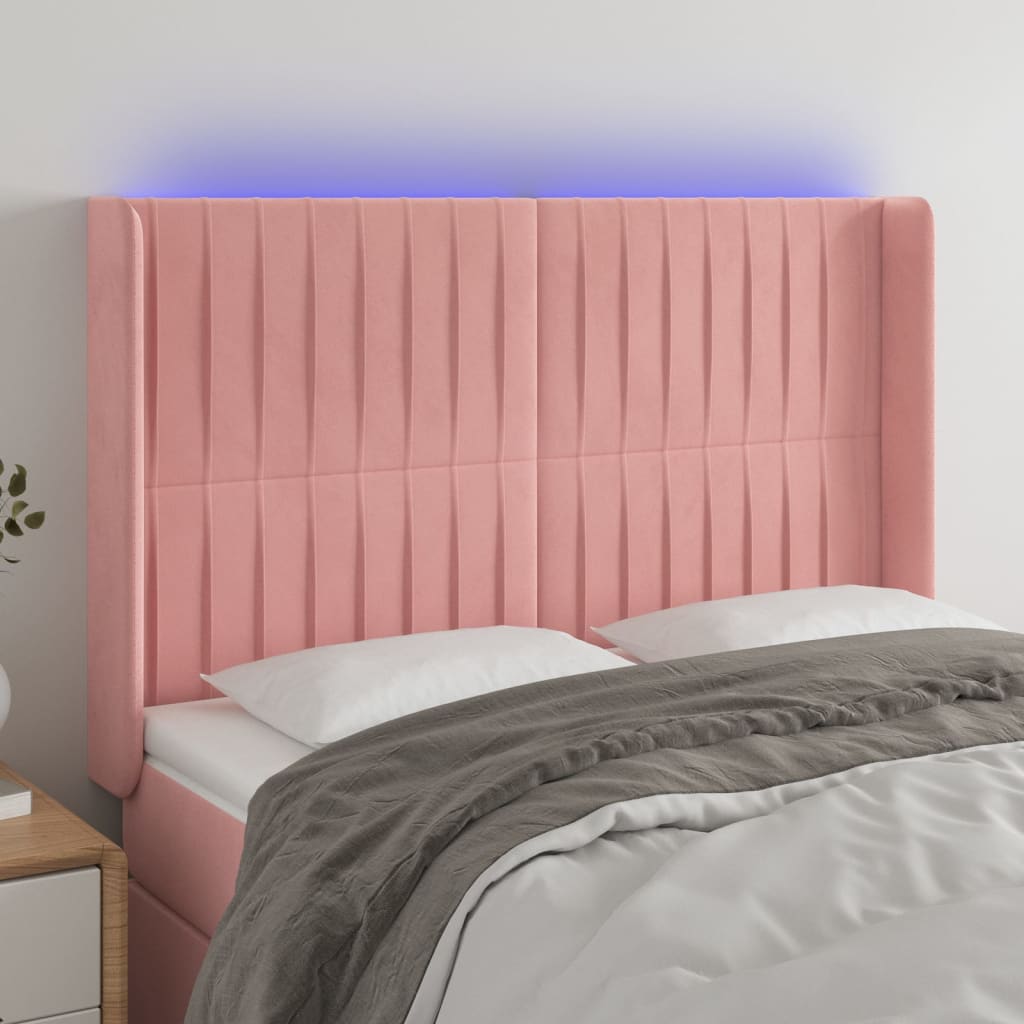 Sänggavel LED rosa 147x16x118/128 cm sammet