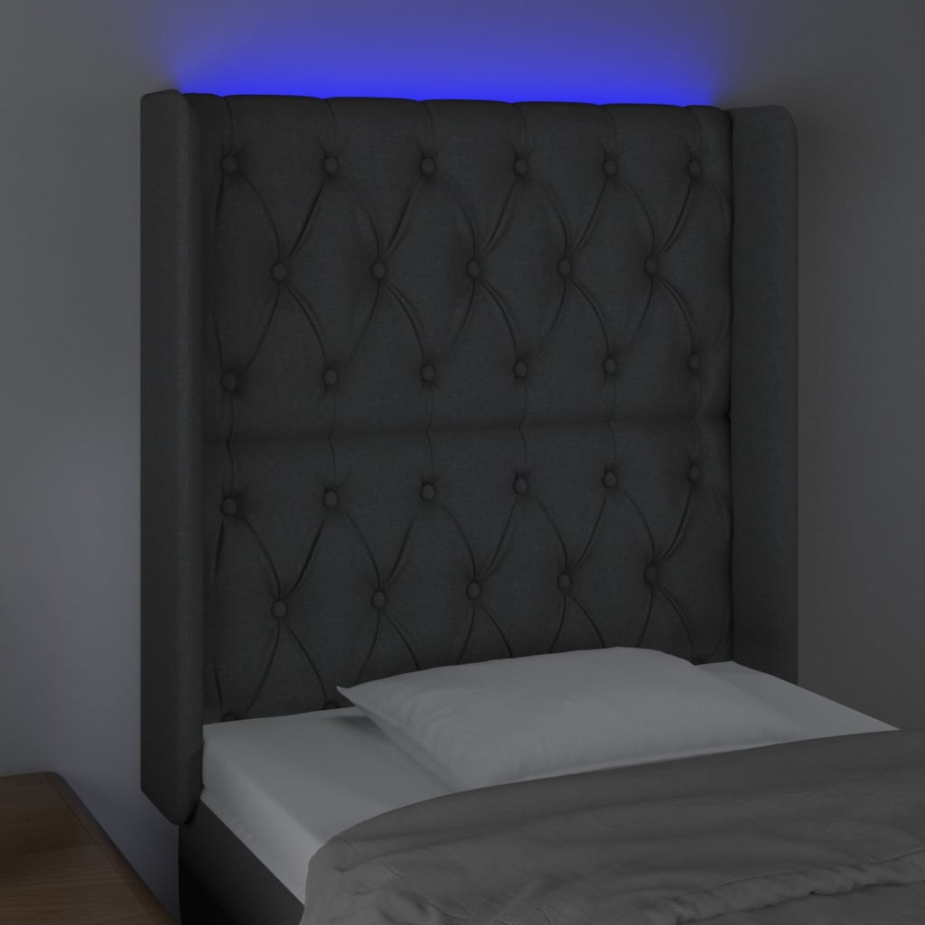 Sänggavel LED mörkgrå 83x16x118/128 cm tyg