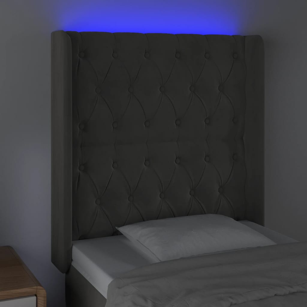 Sänggavel LED mörkgrå 83x16x118/128 cm sammet