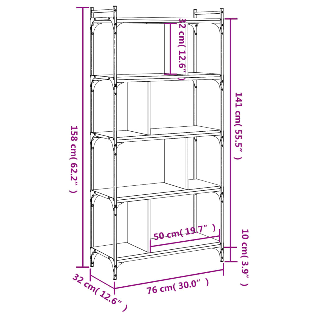 Bokhylla 5 hyllplan svart 76x32x158 cm konstruerat trä