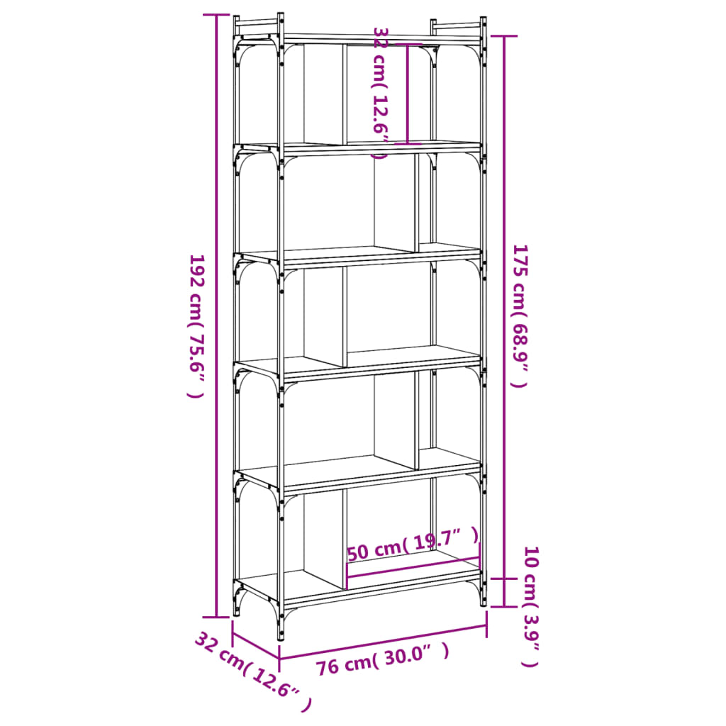 Bokhylla 6 hyllplan rökfärgad ek 76x32x192 cm konstruerat trä