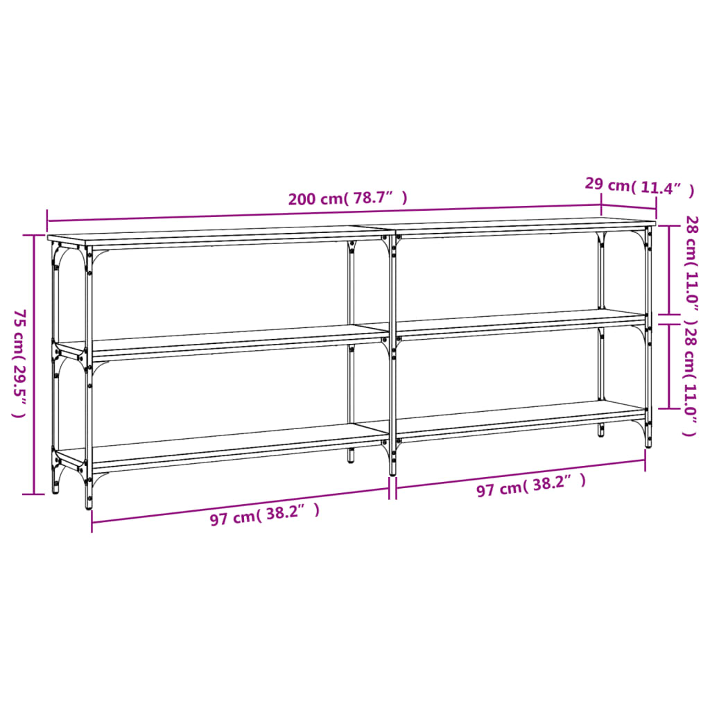 Konsolbord svart 200x29x75 cm konstruerat trä