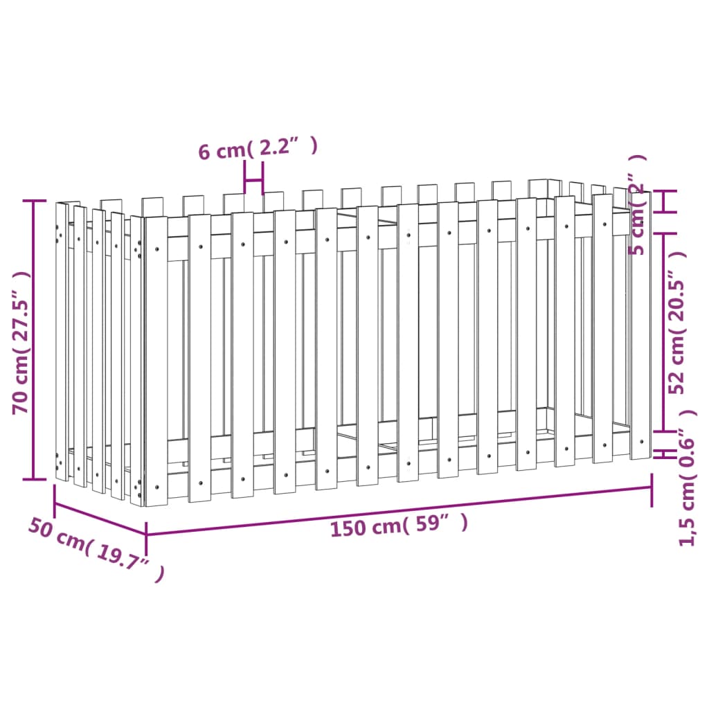 Odlingslåda med staket-design 150x50x70 cm massivt douglasträ