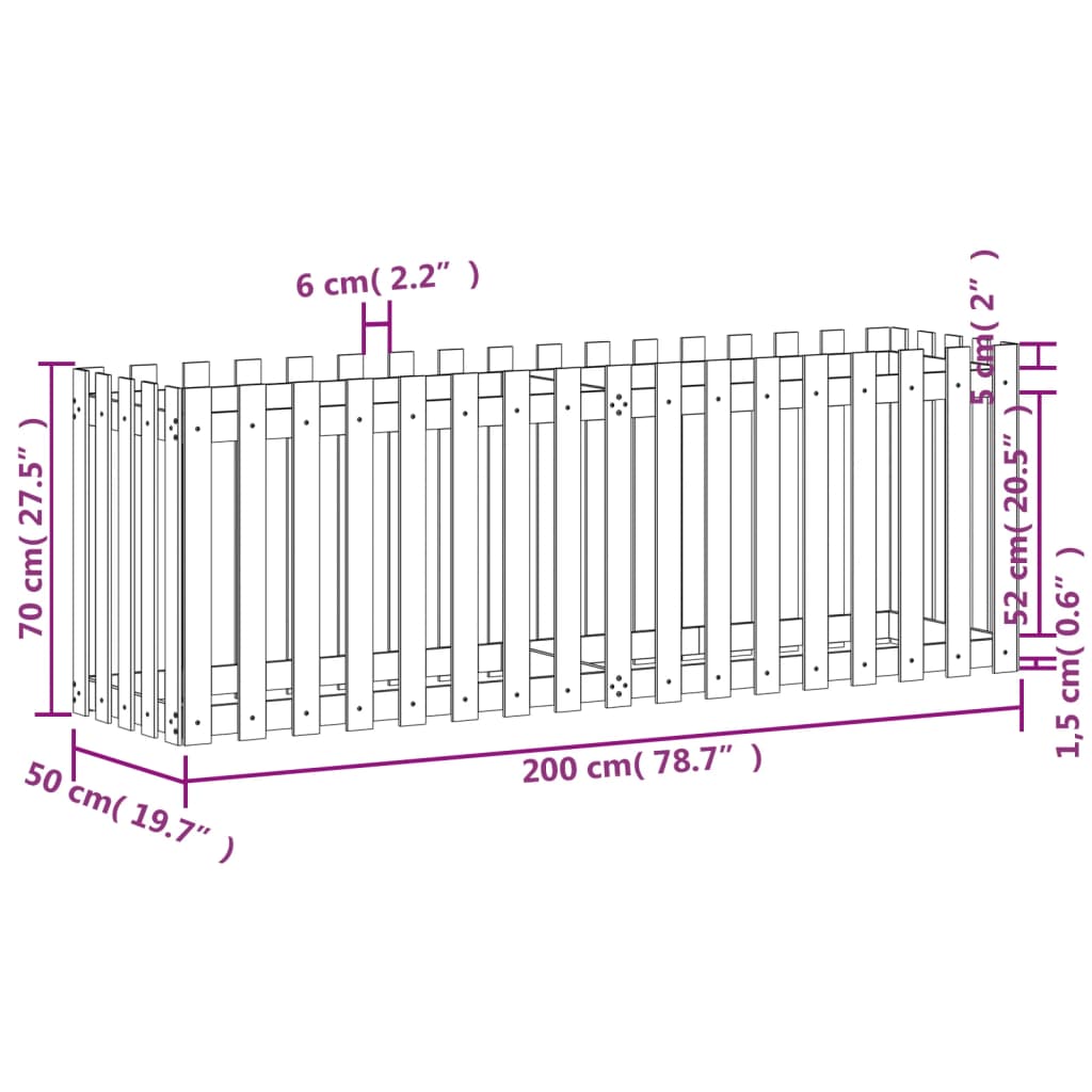 Odlingslåda med staket-design svart 200x50x70 cm massiv furu