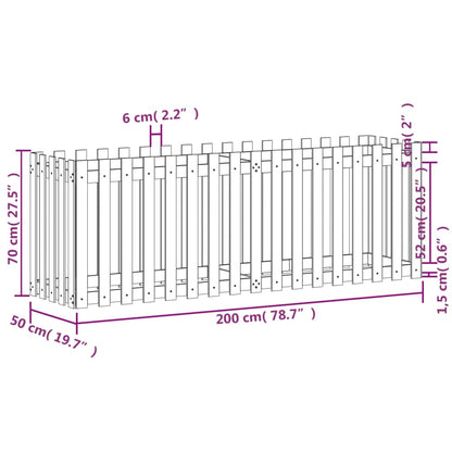 Odlingslåda med staket-design svart 200x50x70 cm massiv furu