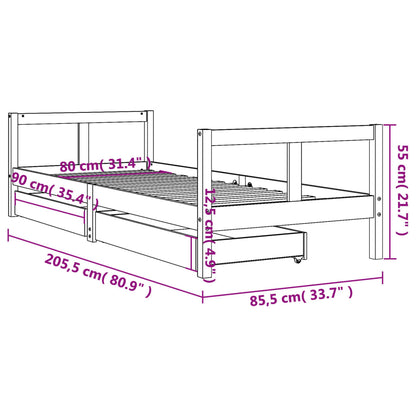 Sängram för barnsäng m. lådor vit 80x200 cm massiv furu