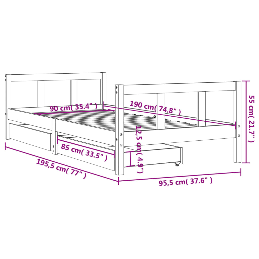 Sängram med lådor för barn vit 90x190 cm massiv furu