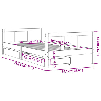 Sängram med lådor för barn vit 90x190 cm massiv furu