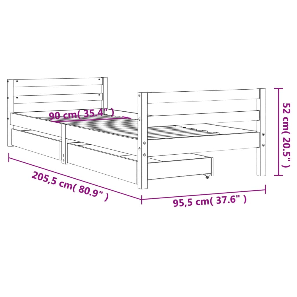 Sängram för barnsäng m. lådor vit 90x200 cm massiv furu