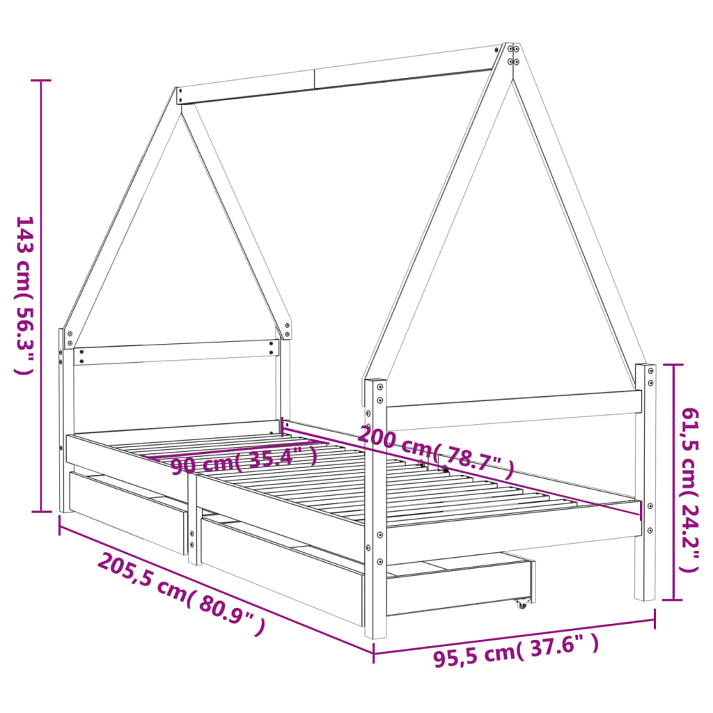 Sängram för barnsäng m. lådor vit 90x200 cm massiv furu