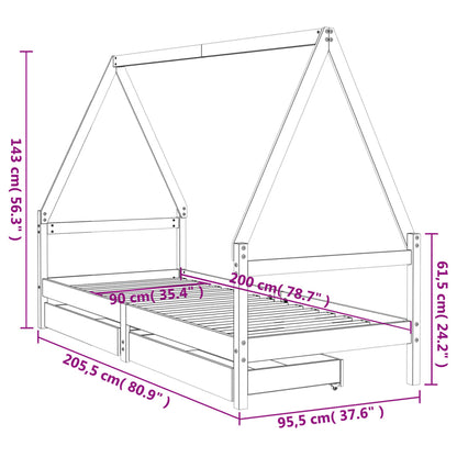 Sängram för barnsäng m. lådor vit 90x200 cm massiv furu