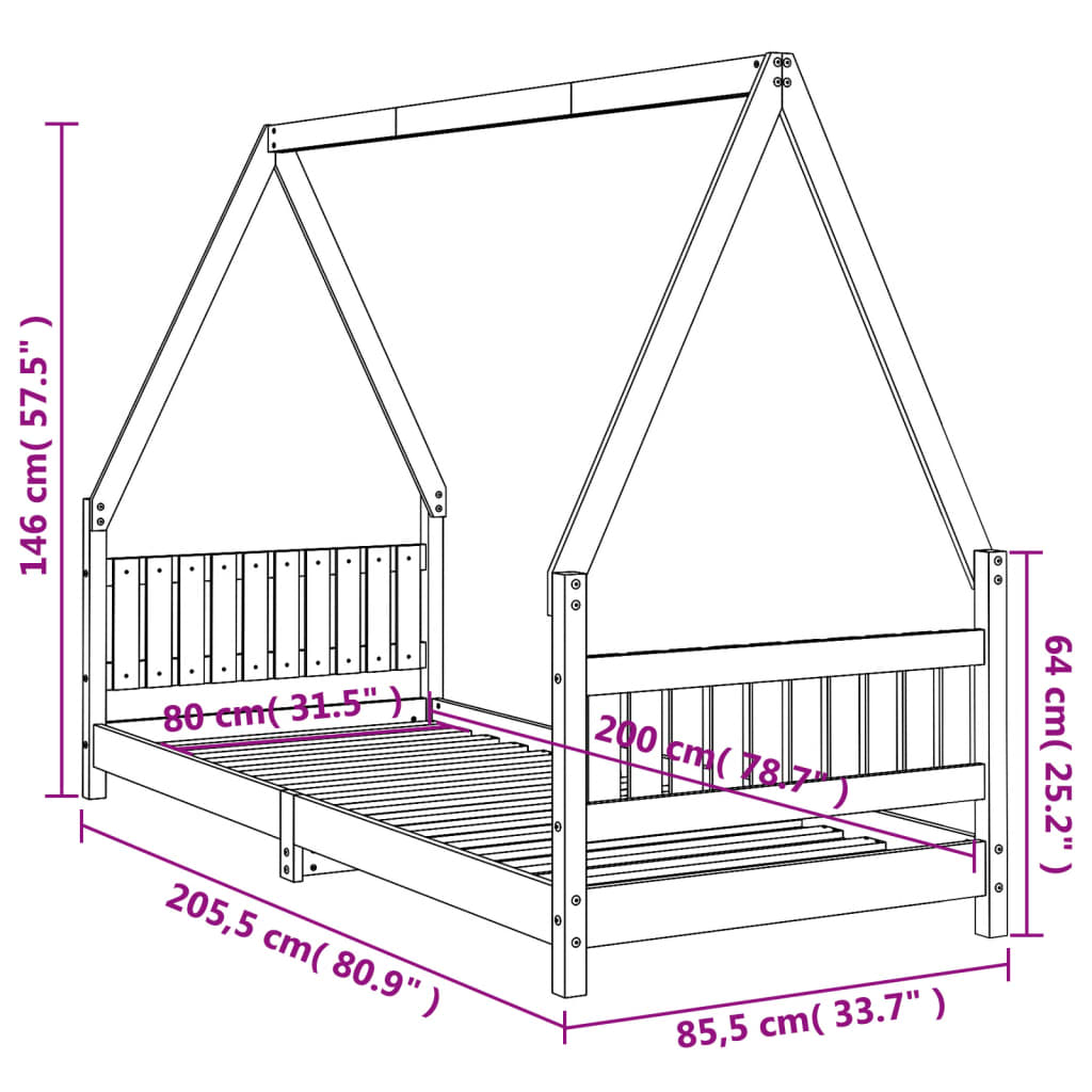 Sängram för barnsäng svart 80x200 cm massiv furu