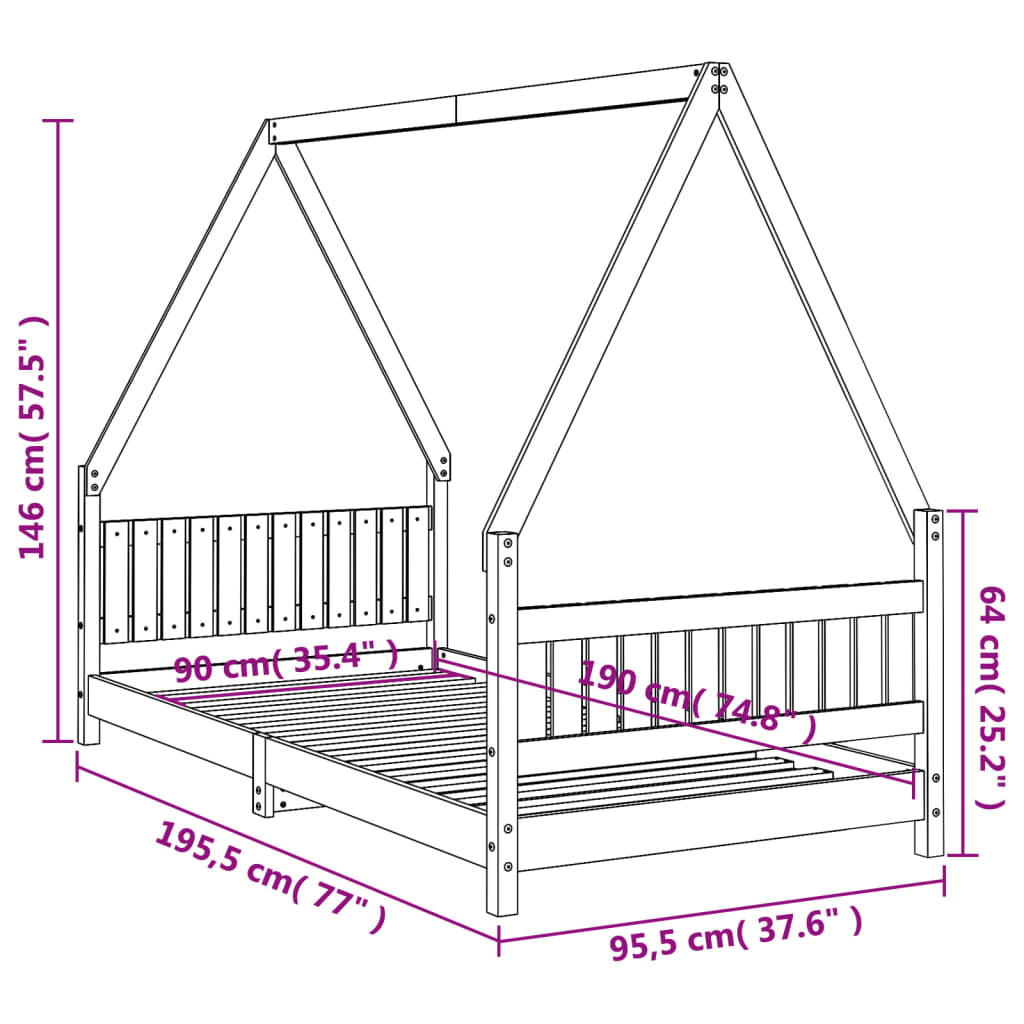 Sängram för barn svart 90x190 cm massiv furu