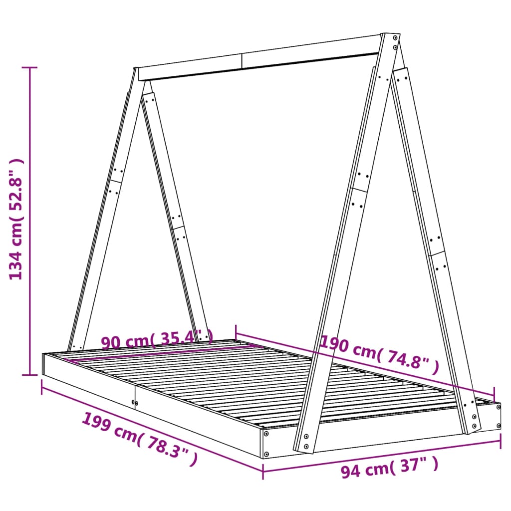 Sängram för barn svart 90x190 cm massiv furu