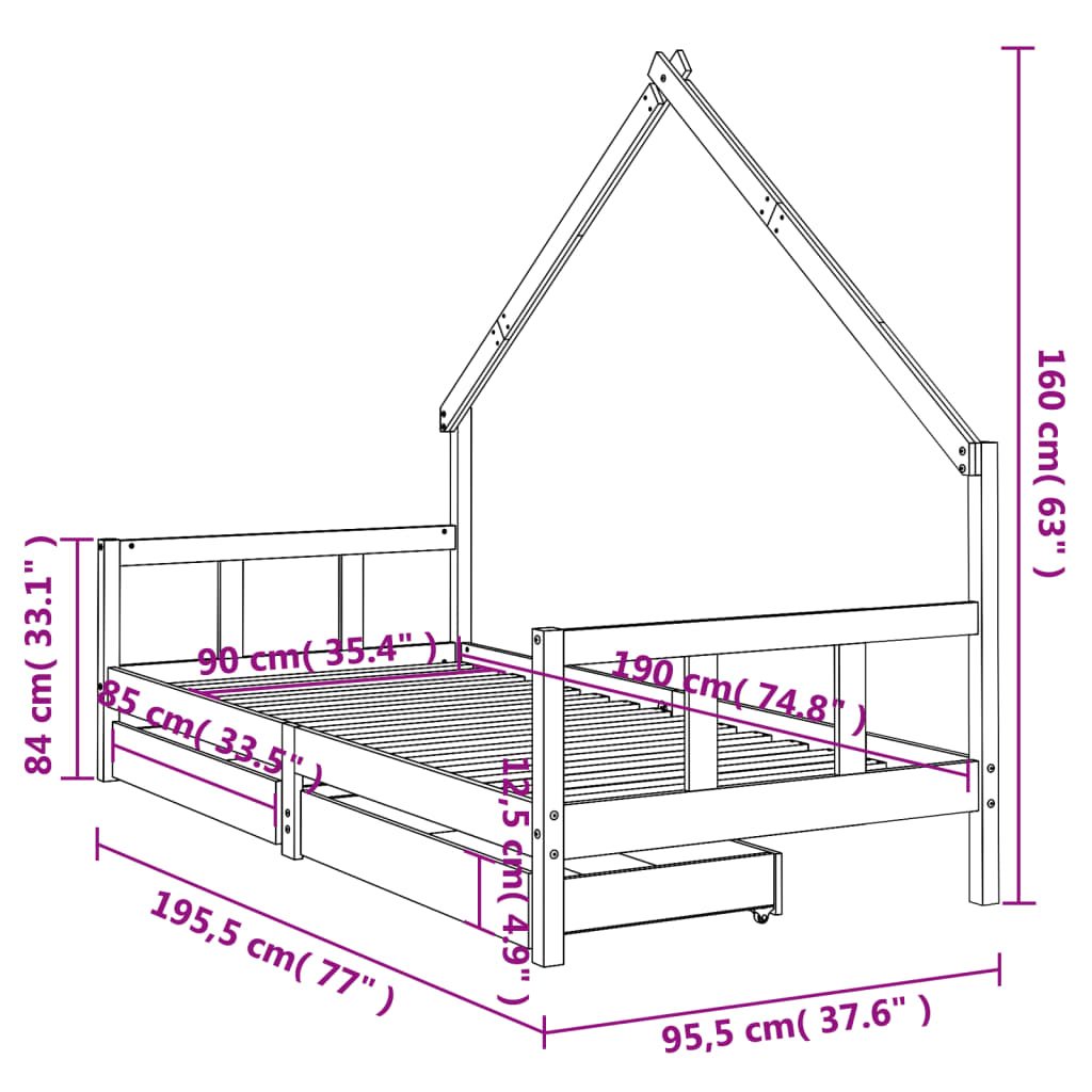 Sängram med lådor för barn svart 90x190 cm massiv furu