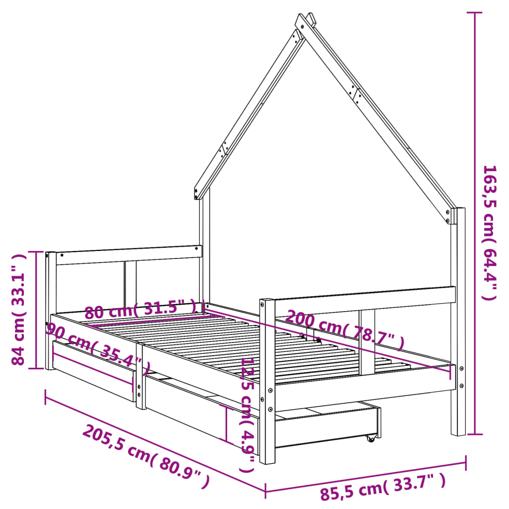 Sängram för barnsäng m. lådor vit 80x200 cm massiv furu