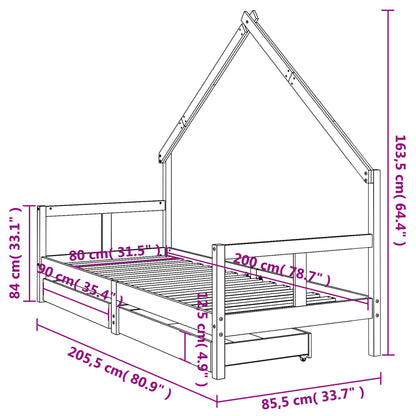 Sängram för barnsäng m. lådor vit 80x200 cm massiv furu