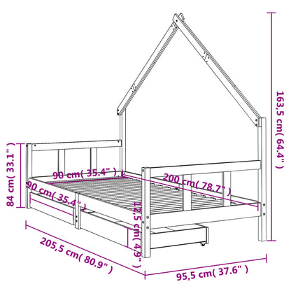 Sängram för barnsäng m. lådor vit 90x200 cm massiv furu