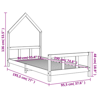 Sängram för barn vit 90x190 cm massiv furu