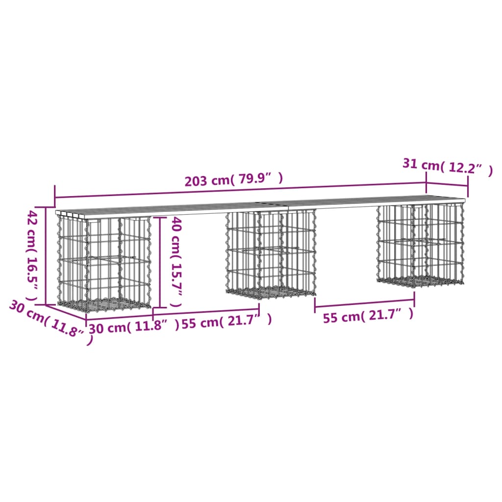 Trädgårdsbänk gabion-design 203x31x42 cm massivt douglasträ