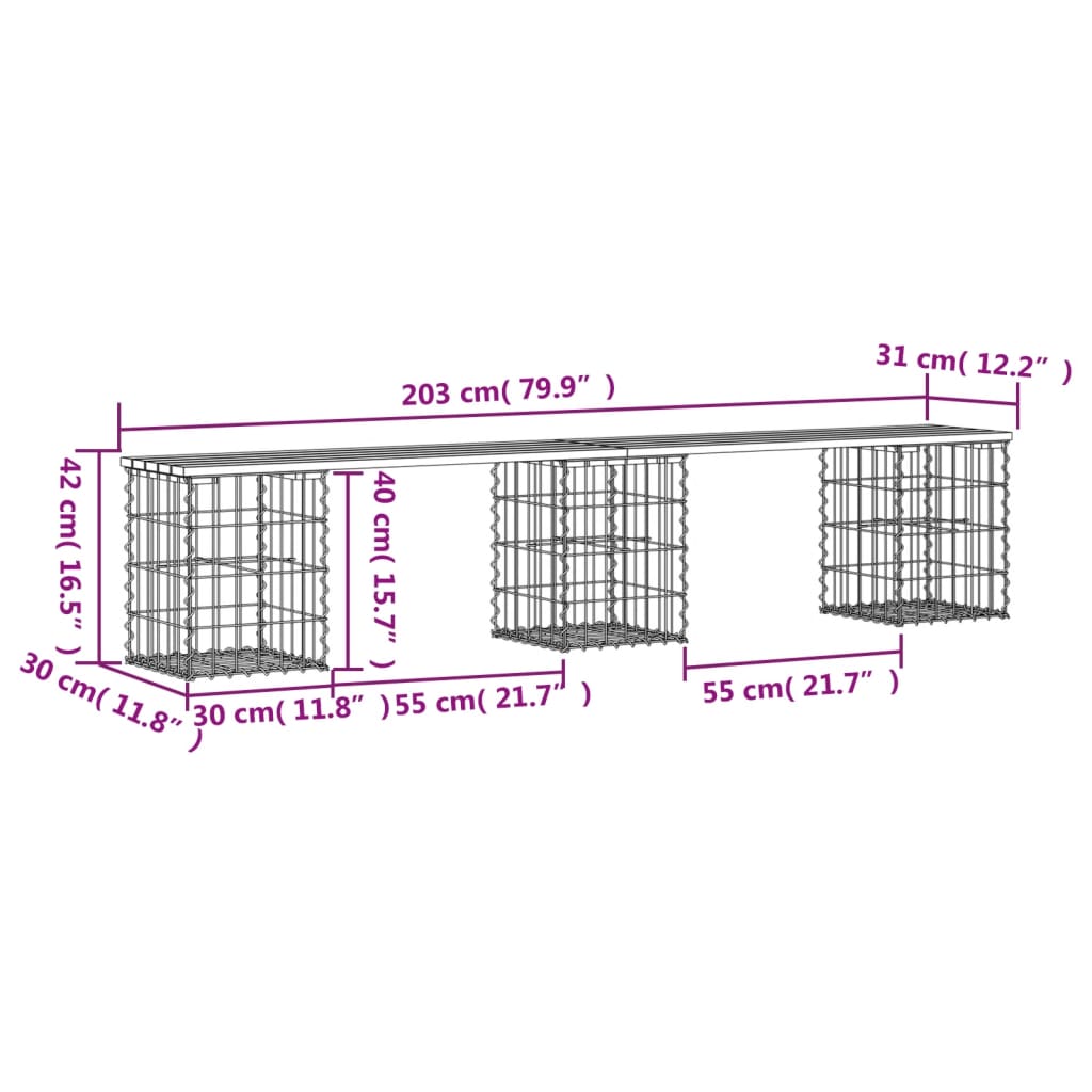 Trädgårdsbänk gabion-design 203x31x42 cm tryckimpregnerad furu