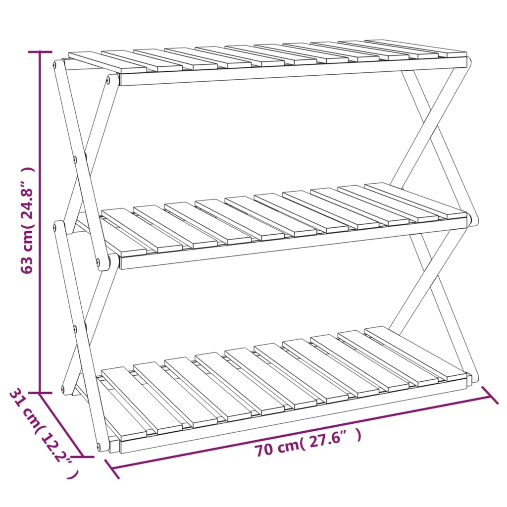 Hopfällbar hylla 3 hyllplan 70x31x63 cm massivt akaciaträ