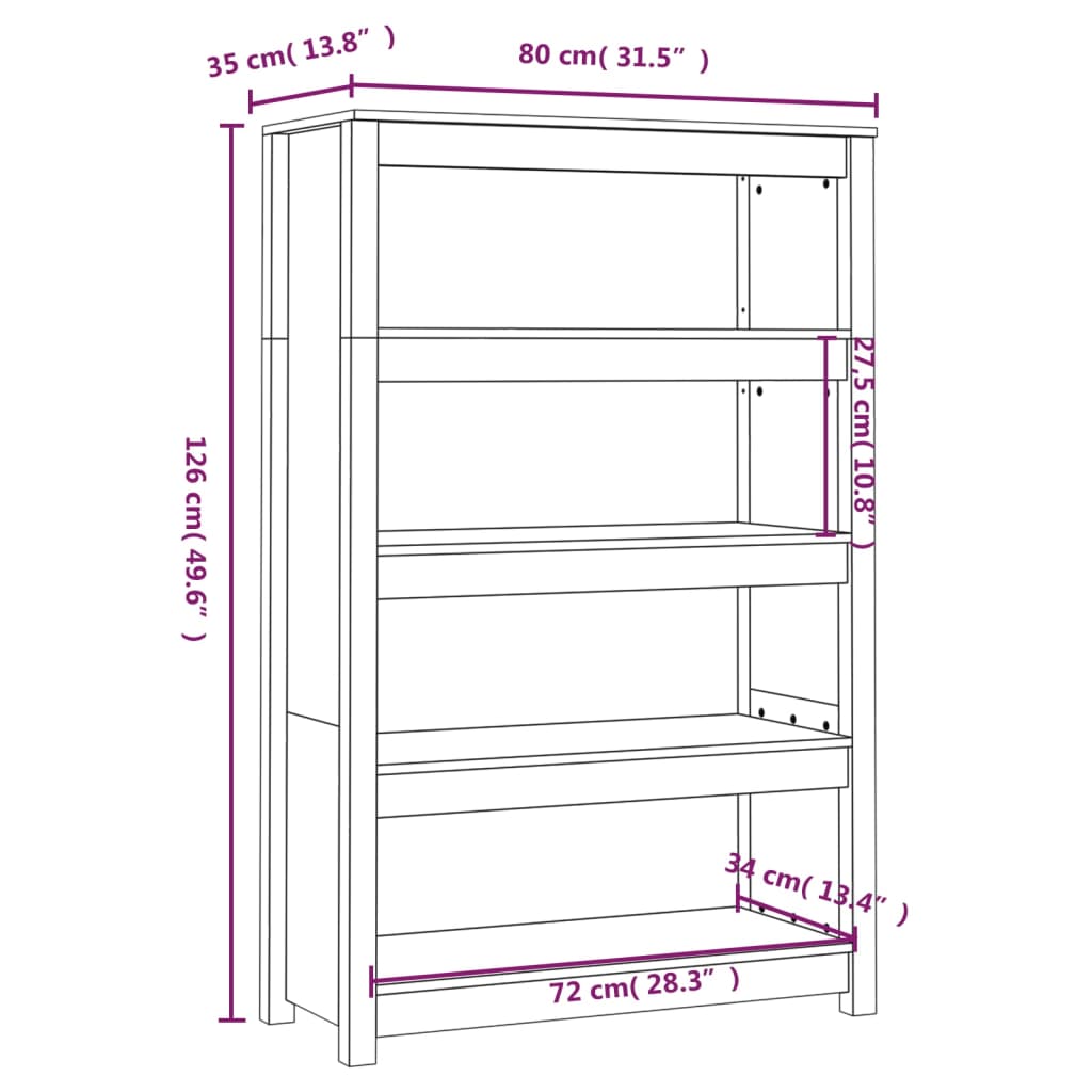 Bokhylla vit 80x35x126 cm massiv furu