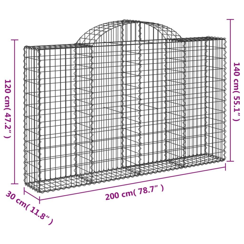 Gabioner bågformade 2 st 200x30x120/140 cm galvaniserat järn